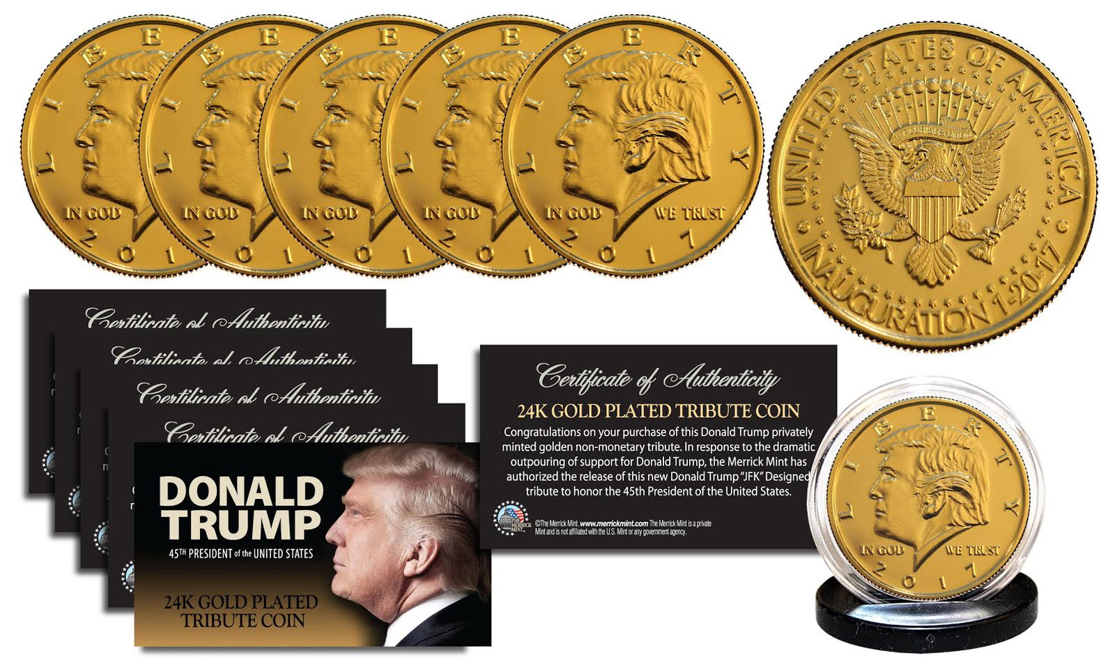 2017 DONALD TRUMP Inauguration 24K Gold Plated 12 GRAMS Tribute Coin (Lot of 5)