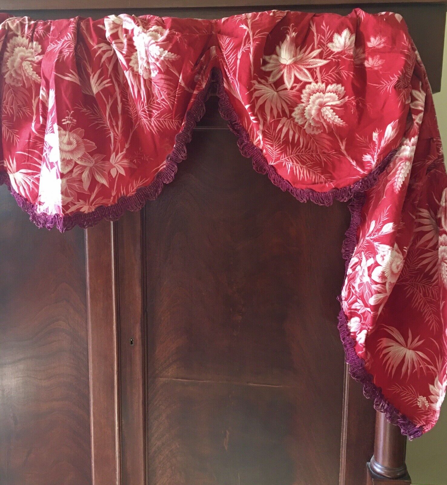 Antique French 19thc  Floral Palm Cotton Fabric Curtain Pelmet Valance ~Red Pink