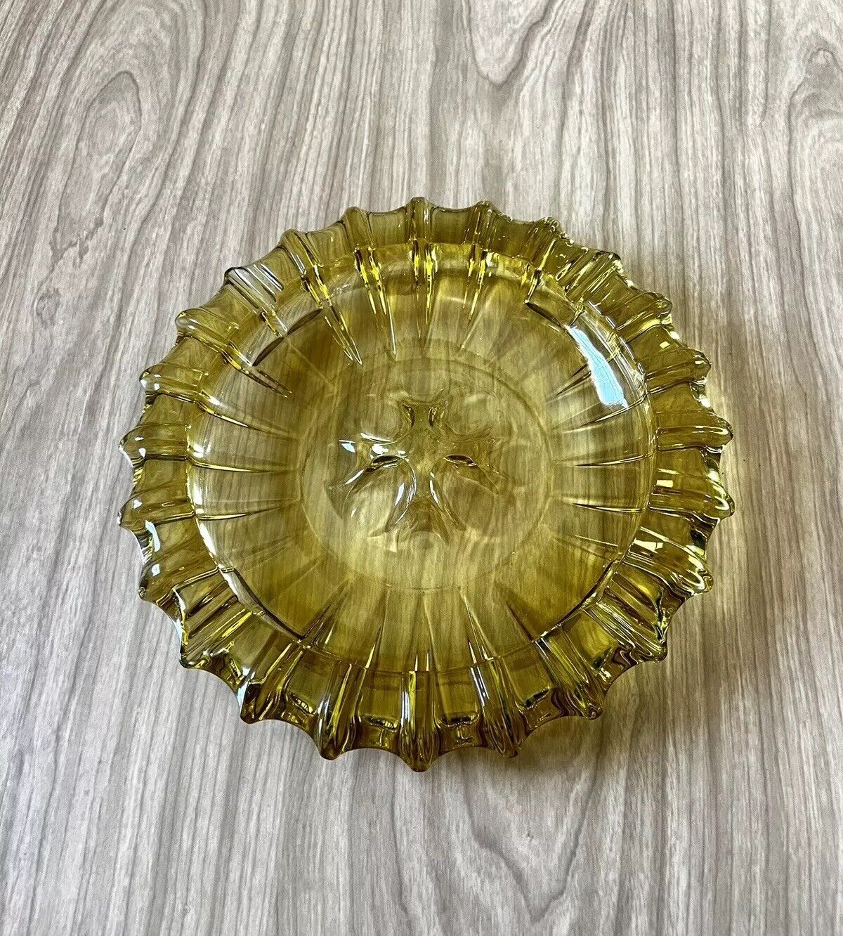 MCM Vintage Amber Glass Retro 10” Sunburst Ashtray