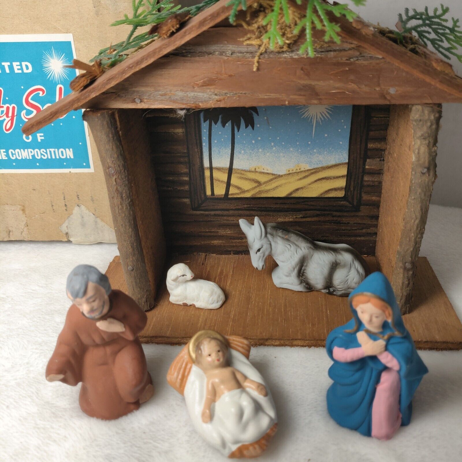 Small Paper Mache Based Nativity Scene Christmas Jesus Bethlehem Donkey