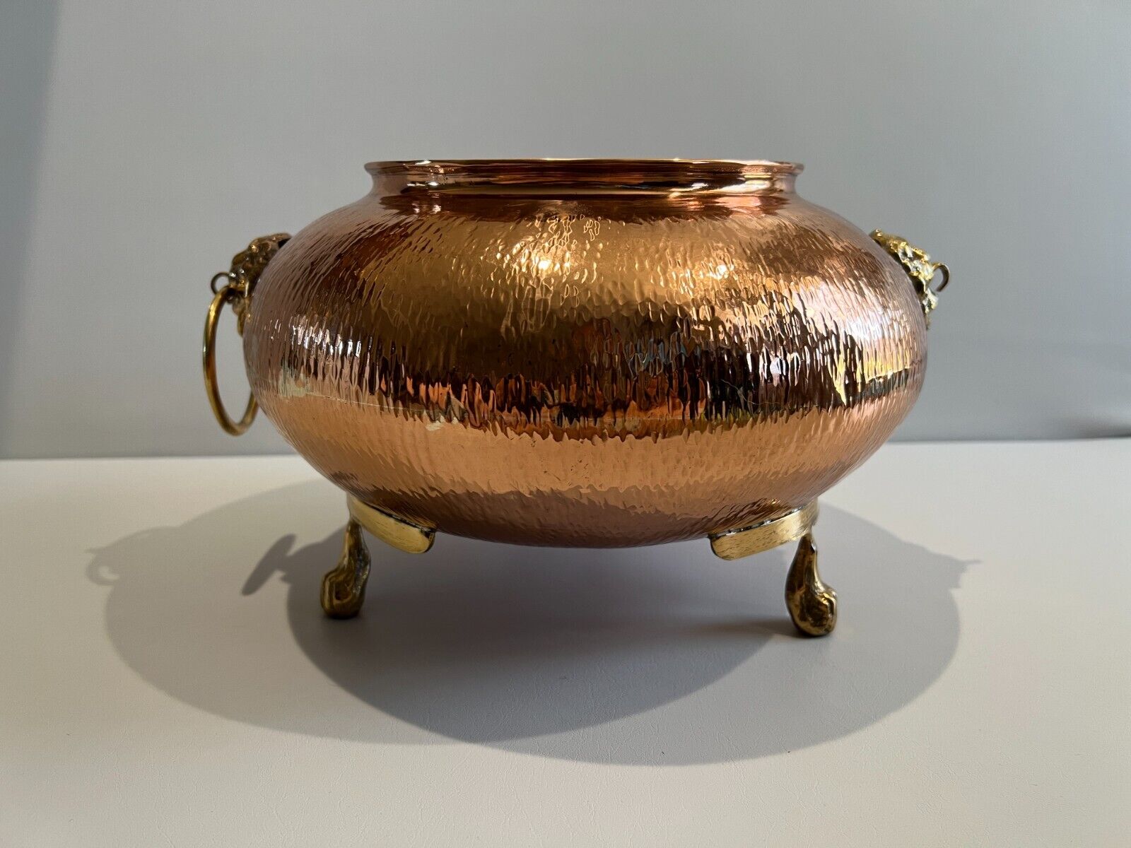 Footed Copper Pot W/Lion Head Handles, Missing a Ring, 13\