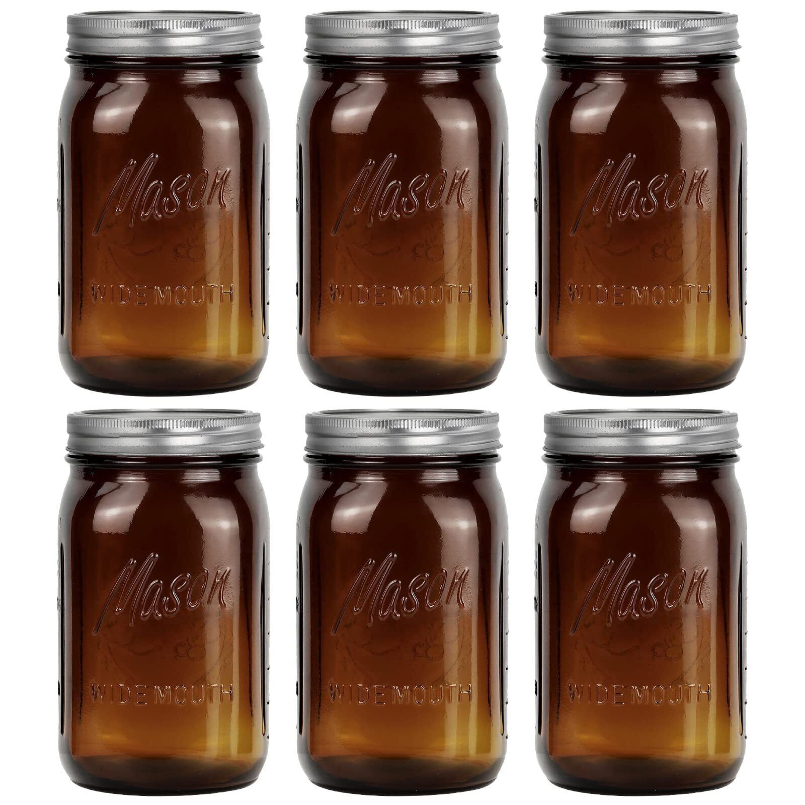 6 Pack Amber Wide Mouth Quart Mason Jars 32Oz Canning Glass Jars with Airtight
