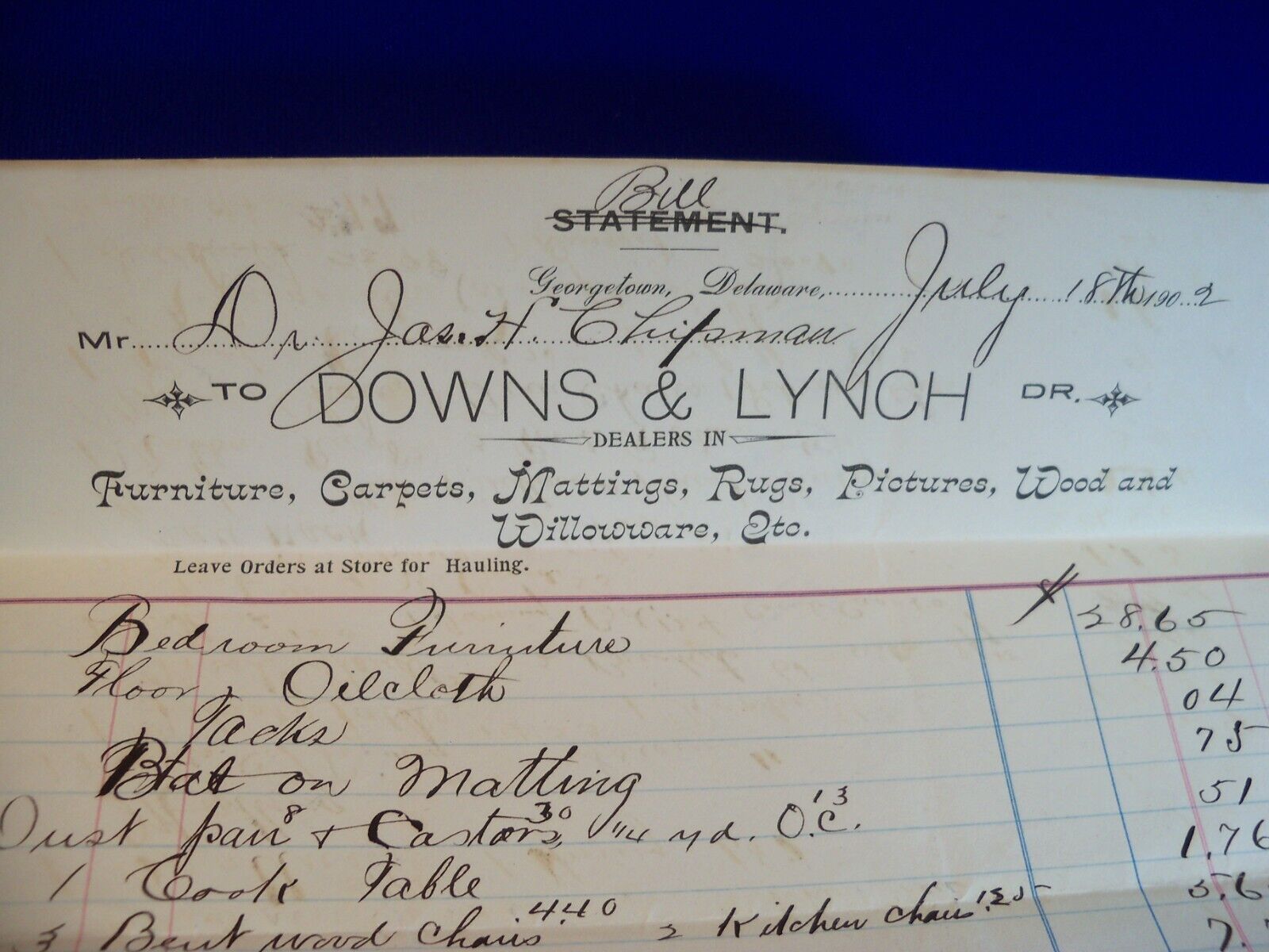 Vtg 1909 GEORGETOWN Delaware DOWNS & LYNCH Furniture Rugs LETTERHEAD Adv Receipt