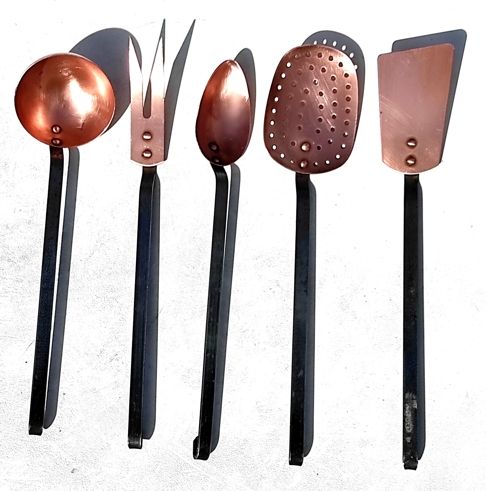 Vintage French Copper Utensil Set x5 Iron Handles Ladle Sieve Fork Spoon Spatula