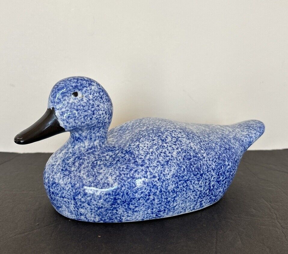 Vintage Enesco Handpainted Porcelain Ceramic Blue & White Speckled Duck Figurine
