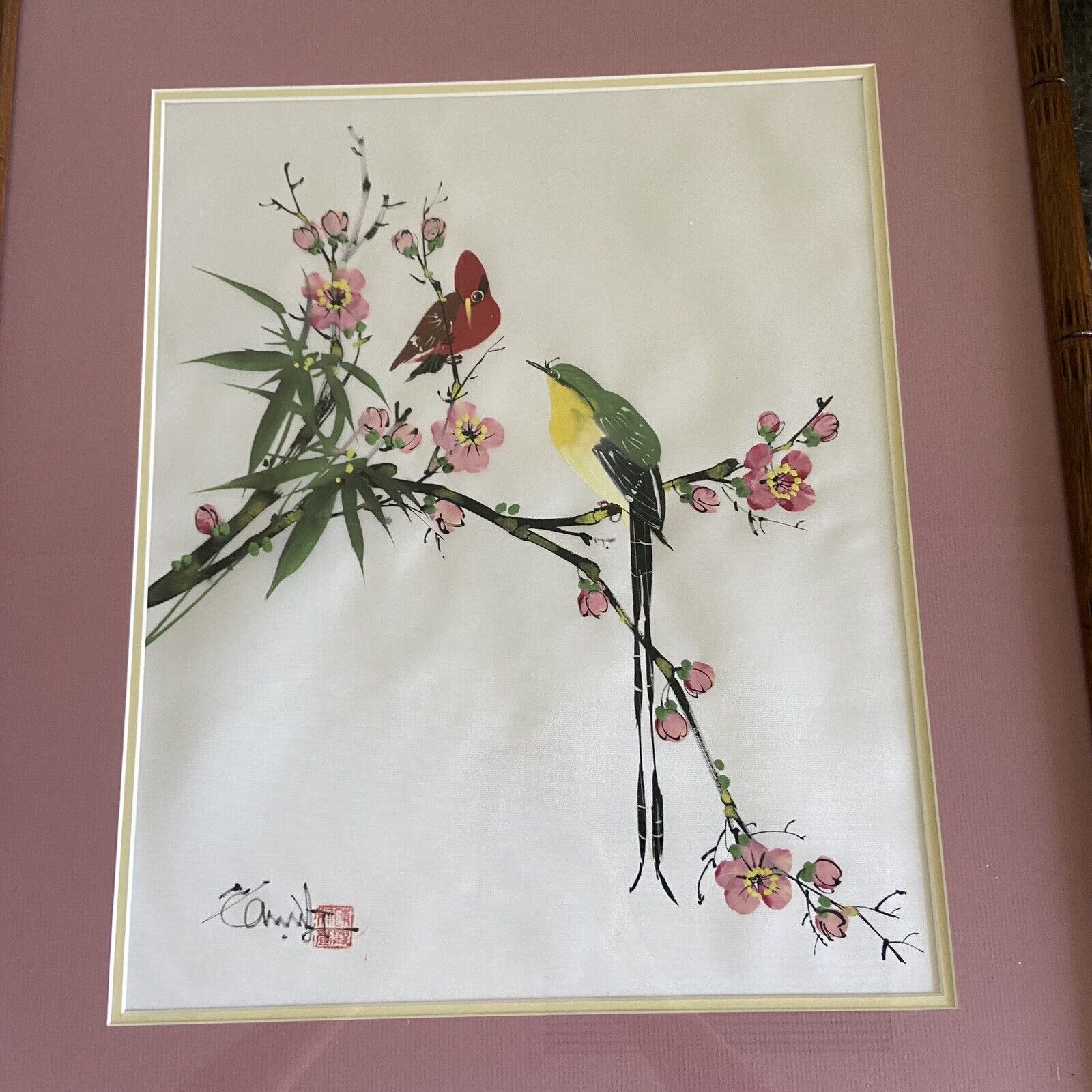 Vintage Hand Painted Silk Bird Art Signed Painting Birds Matted Framed 20\