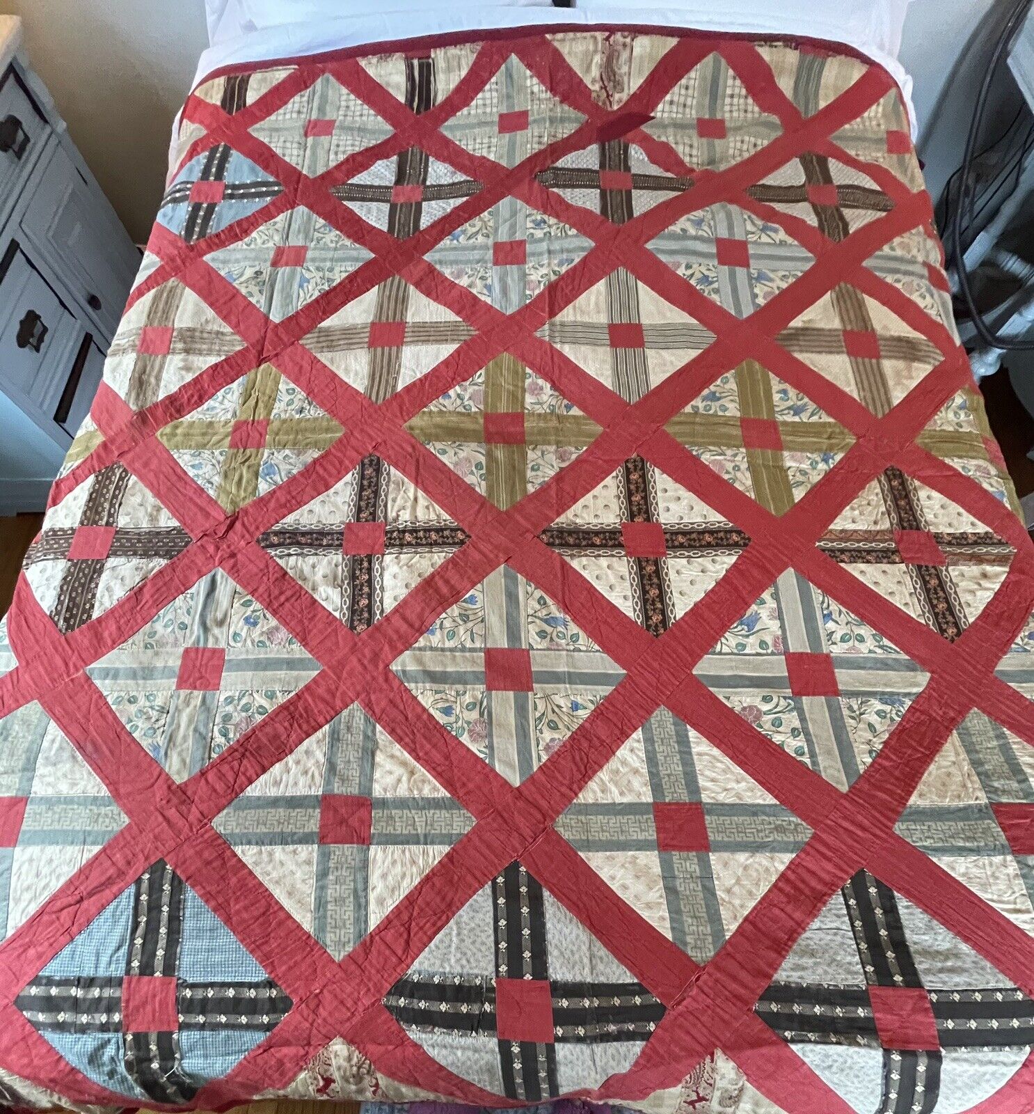 Antique 1800’s Diamond Square Red Block Lightweight Patchwork Quilt 76” x 76”