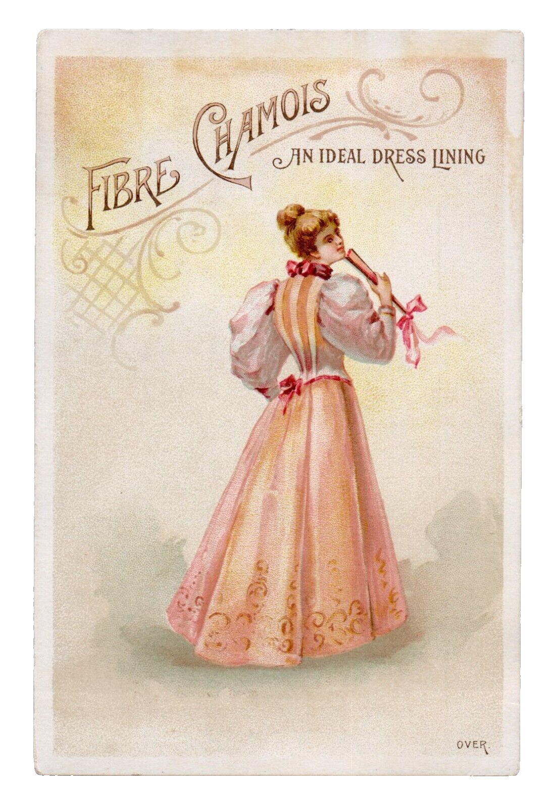 c.1895 Redfern Fibre Chamois Trade Card Paquin Skirts Dress Lining Lady Fan VTG