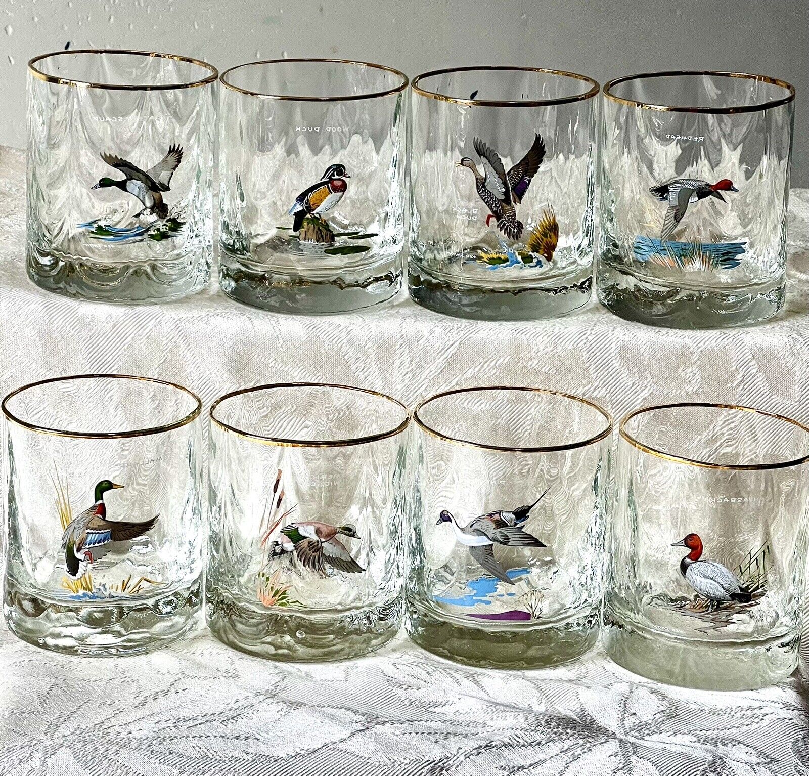 Rare Ned Smith Waterfowl Birds Vintage Low Ball Gold Rimmed Glasses Set Of 8