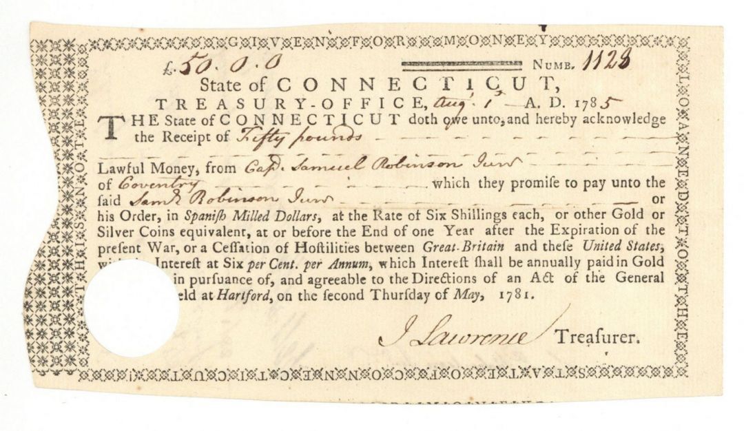 1785 Revolutionary War Pay Order - Connecticut Revolutionary War Bonds, etc. - C
