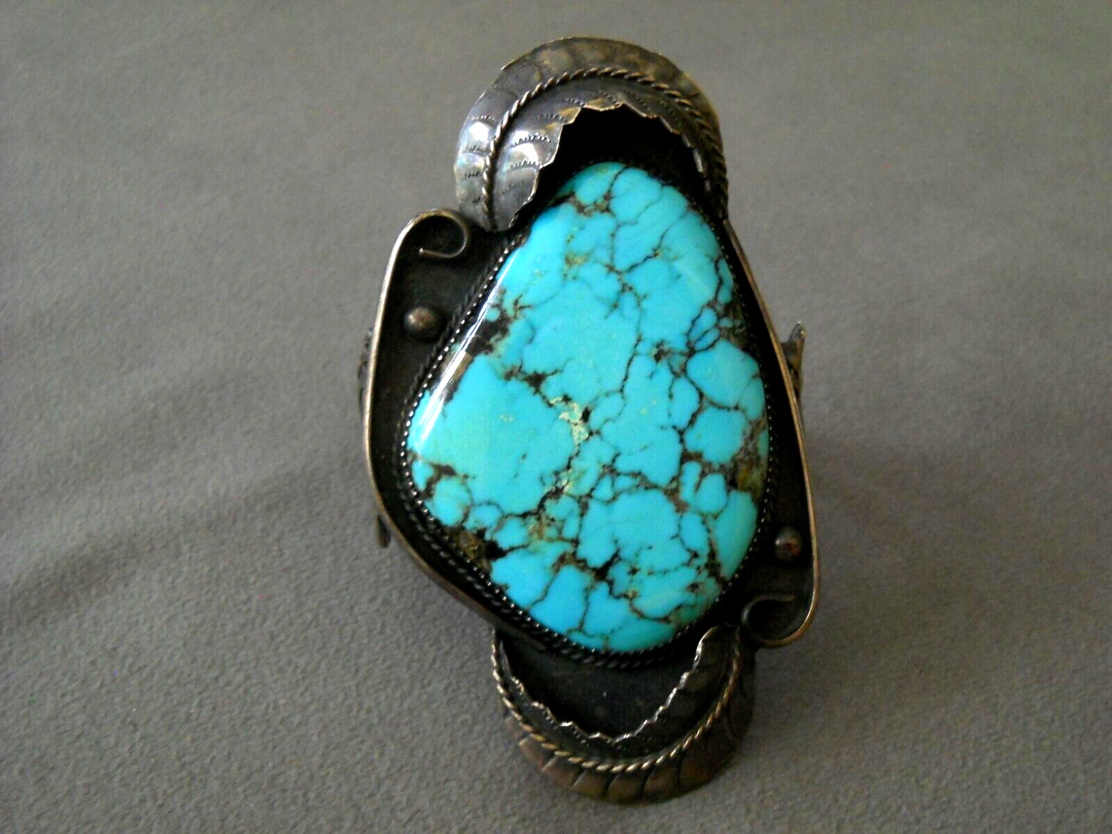 Native American Navajo Webbed Turquoise Sterlng Silver Leaves Bracelet Signed BG