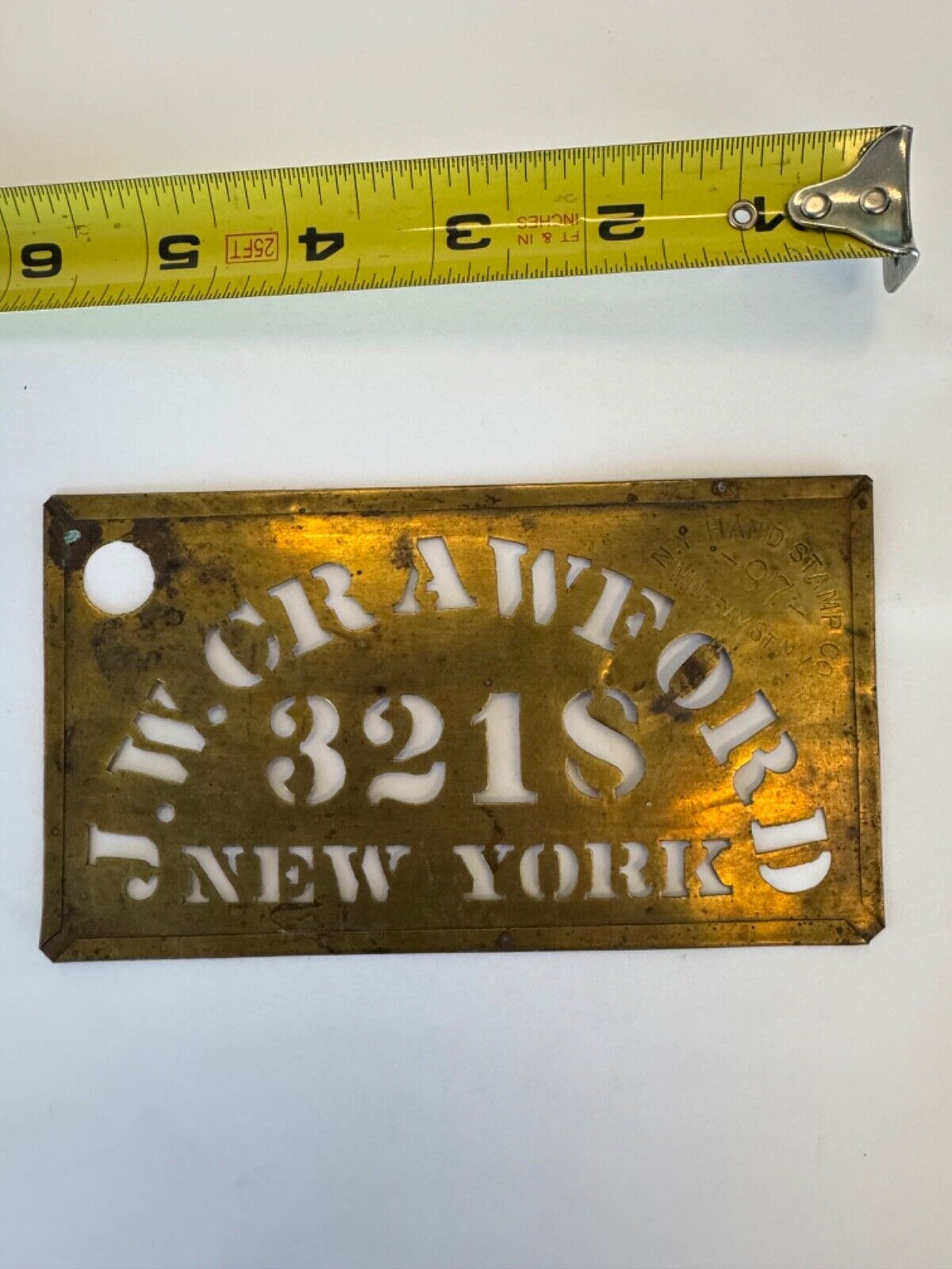 Antique Vintage 19th C Brass Stencil JW CRAWFORD 3218 NEW YORK