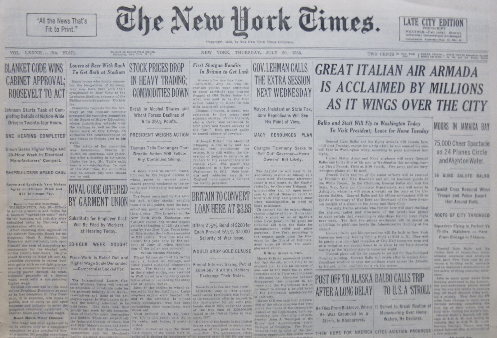 7-1933  July 20 BALBO CALLS TRIP TO USA STROLL. ITALIAN AIR ARMADA WINGS Times
