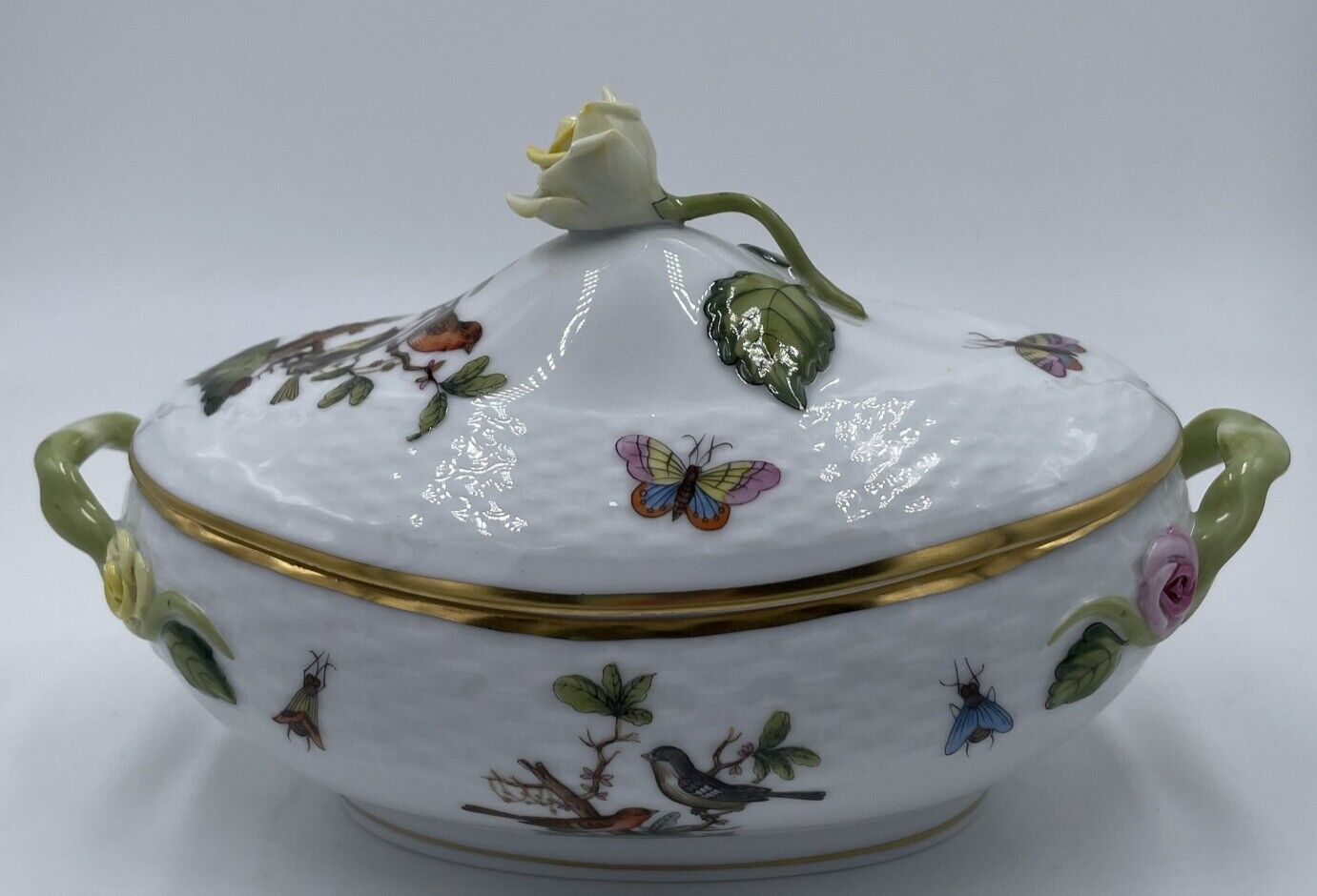 Herend Hungary Rothschild Porcelain Covered Oval Bonbon Dish W Rose & Butterfly