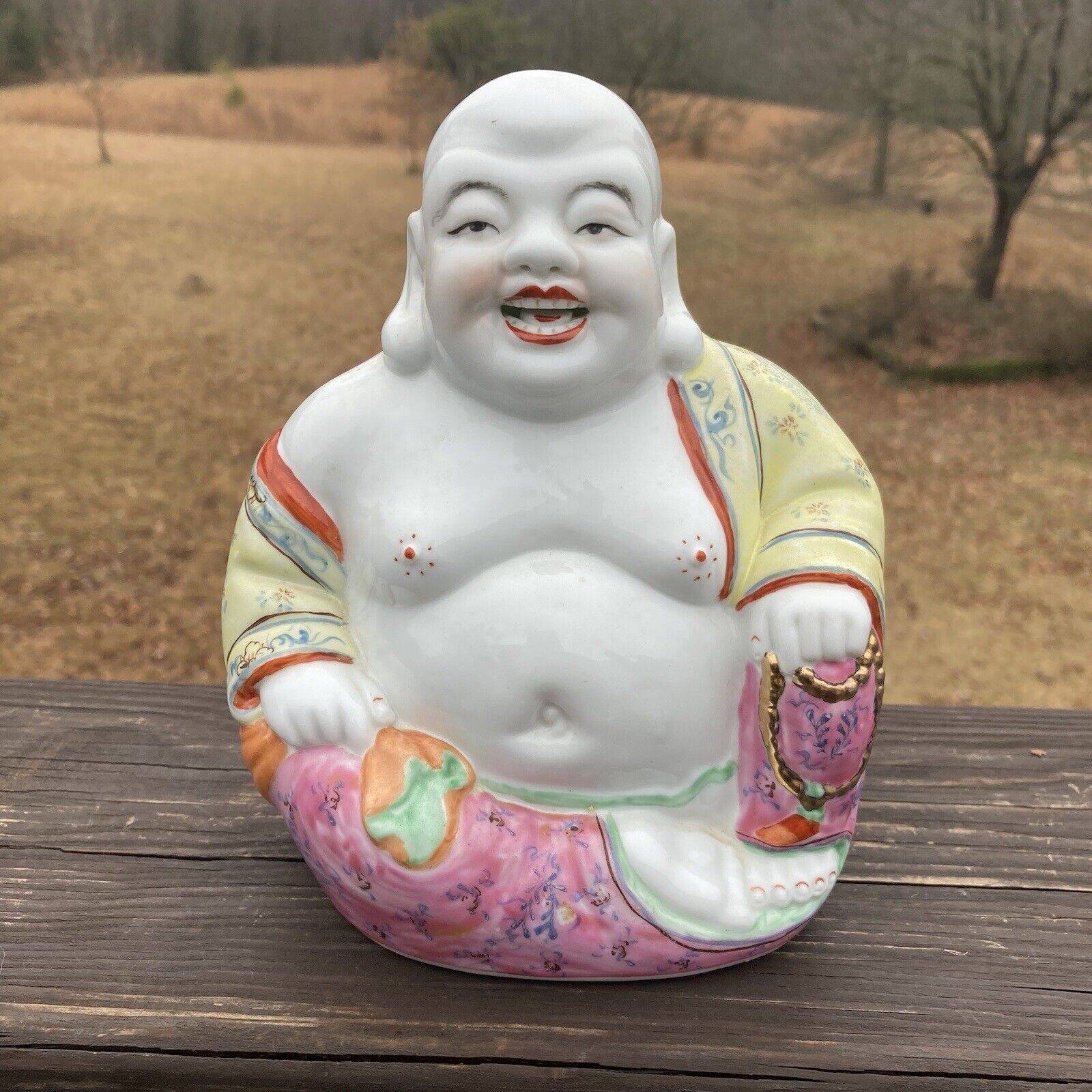 Vintage Chinese Hand Painted Porcelain Laughing Buddha Figurine 6-1/2” Tall
