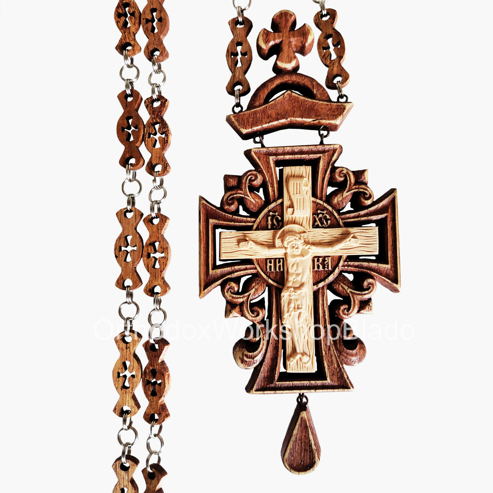 Orthodox Wooden Carved Pectoral Cross with Chain Priest Crucifix Christianity