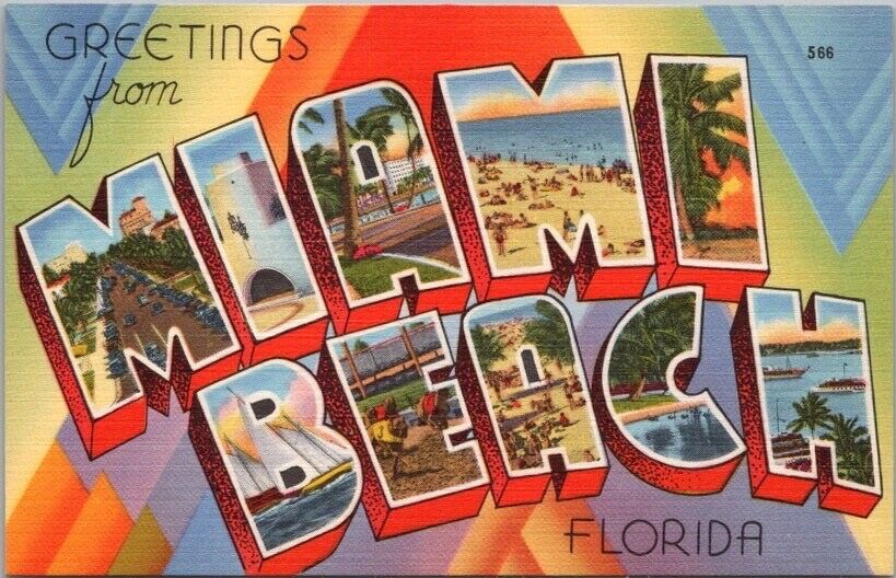 MIAMI BEACH, Florida Large Letter Postcard Multi-View / Tichnor Linen c1940s