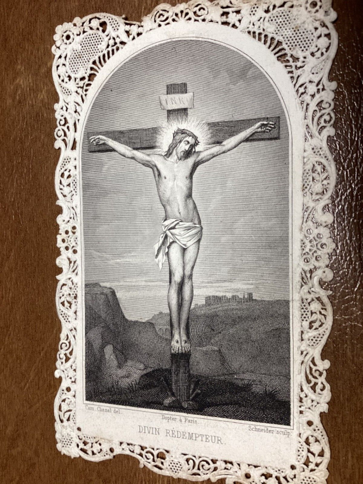 Antique Holy Vard Religious Print 1840’s Jesus Christ Cross Crucifixion