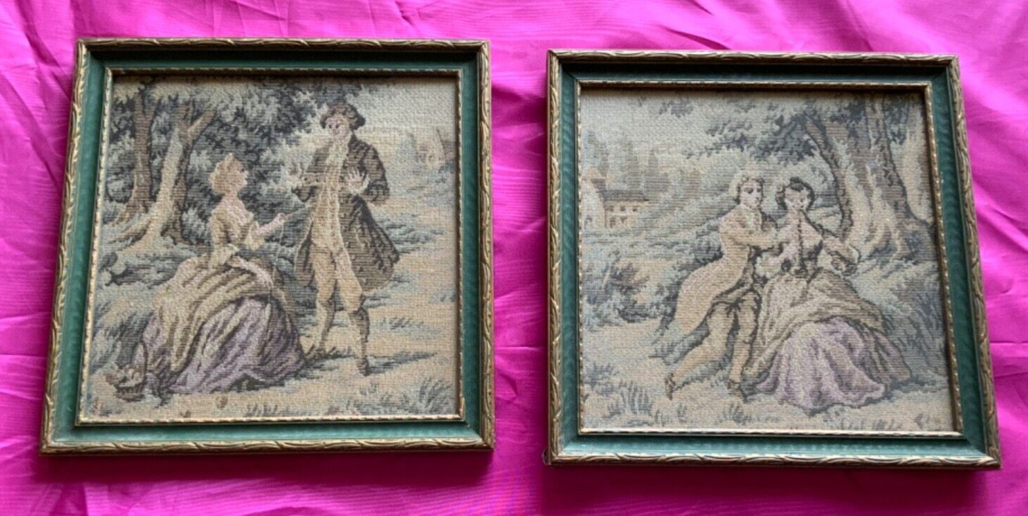 Beautiful Pair of Vintage Framed Tapestries in Lovely Frames  9” x 9”