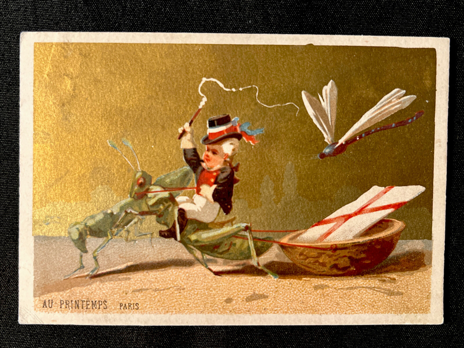 1880s PARIS France Boy riding Grasshopper Victorian TRADE Card Department Store