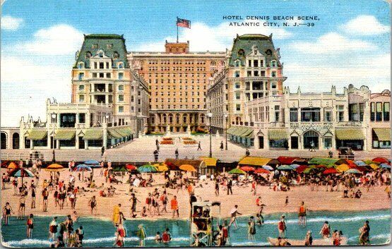 Hotel Dennis beach scene Atlantic City New Jersey Postcard