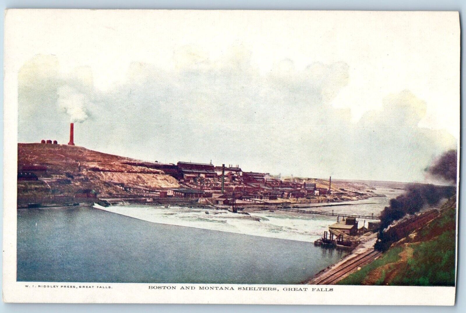 Great Falls Montana Postcard Boston Montana Smelters Locomotive Train Lake c1905