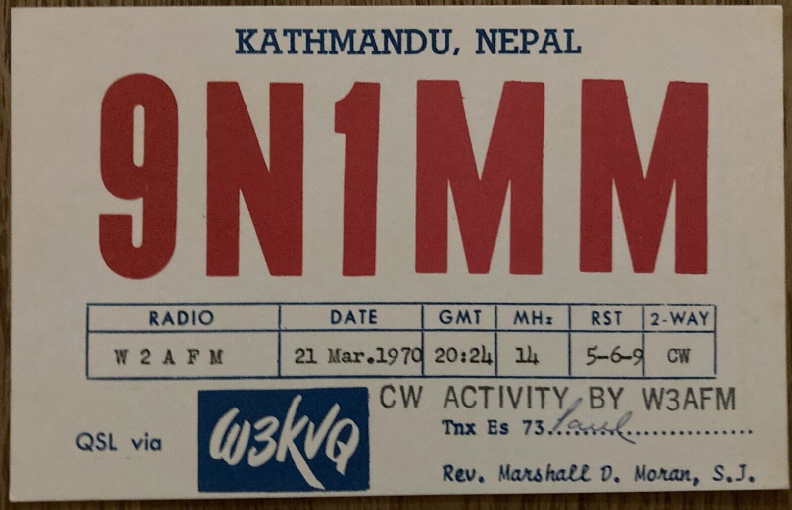 QSL Card - Kathmandu, Nepal - Rev. Marshall D. Moran - 9N1MM - 1970 - Postcard