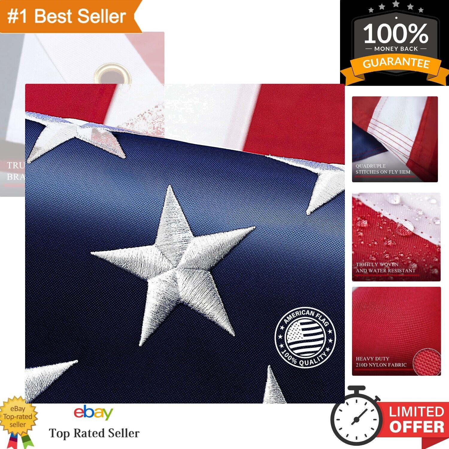 Durable Nylon American Flag - 8x12 ft - High Wind Resistant with Brass Grommets