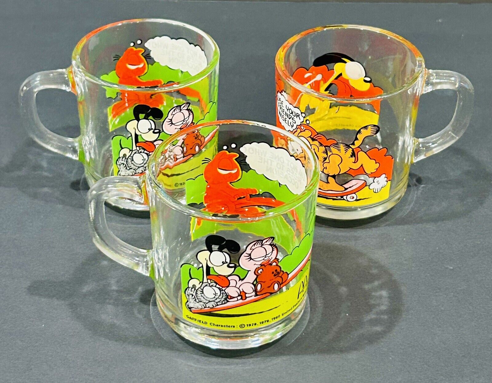 Lot of 3 1978 Vintage McDonald\'s Garfield Mugs Clear Glass Anchor Hocking