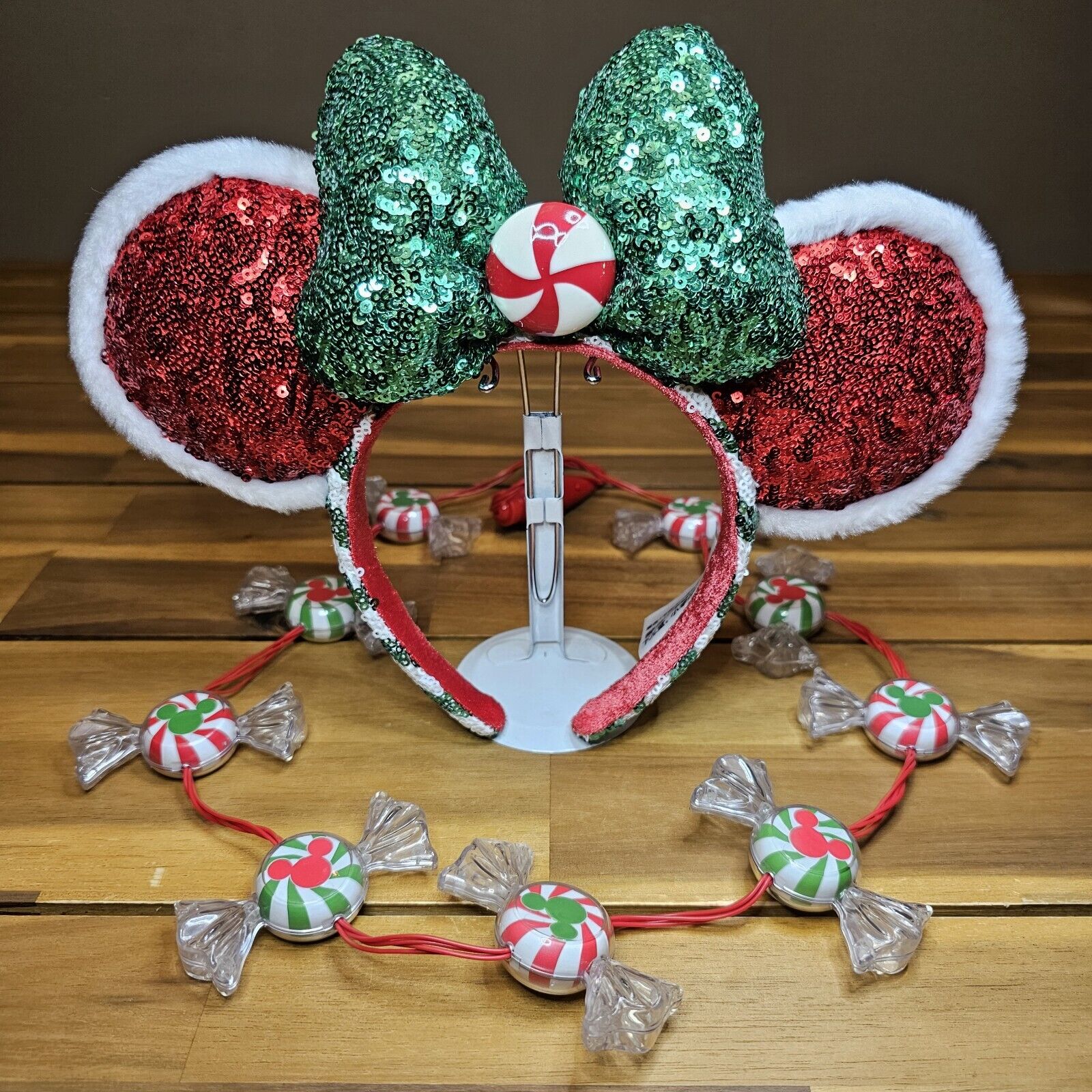 Disney Parks Mickey Ears Headband Peppermint Candy & Light Up Lanyard Christmas