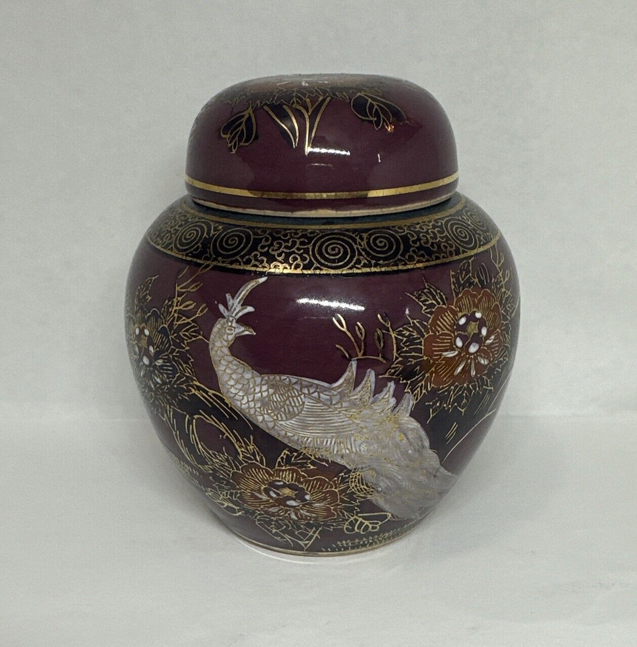 Vintage Japanese Satsuma Ginger Jar Plum Colored W/Peacock & Flowers No Chips