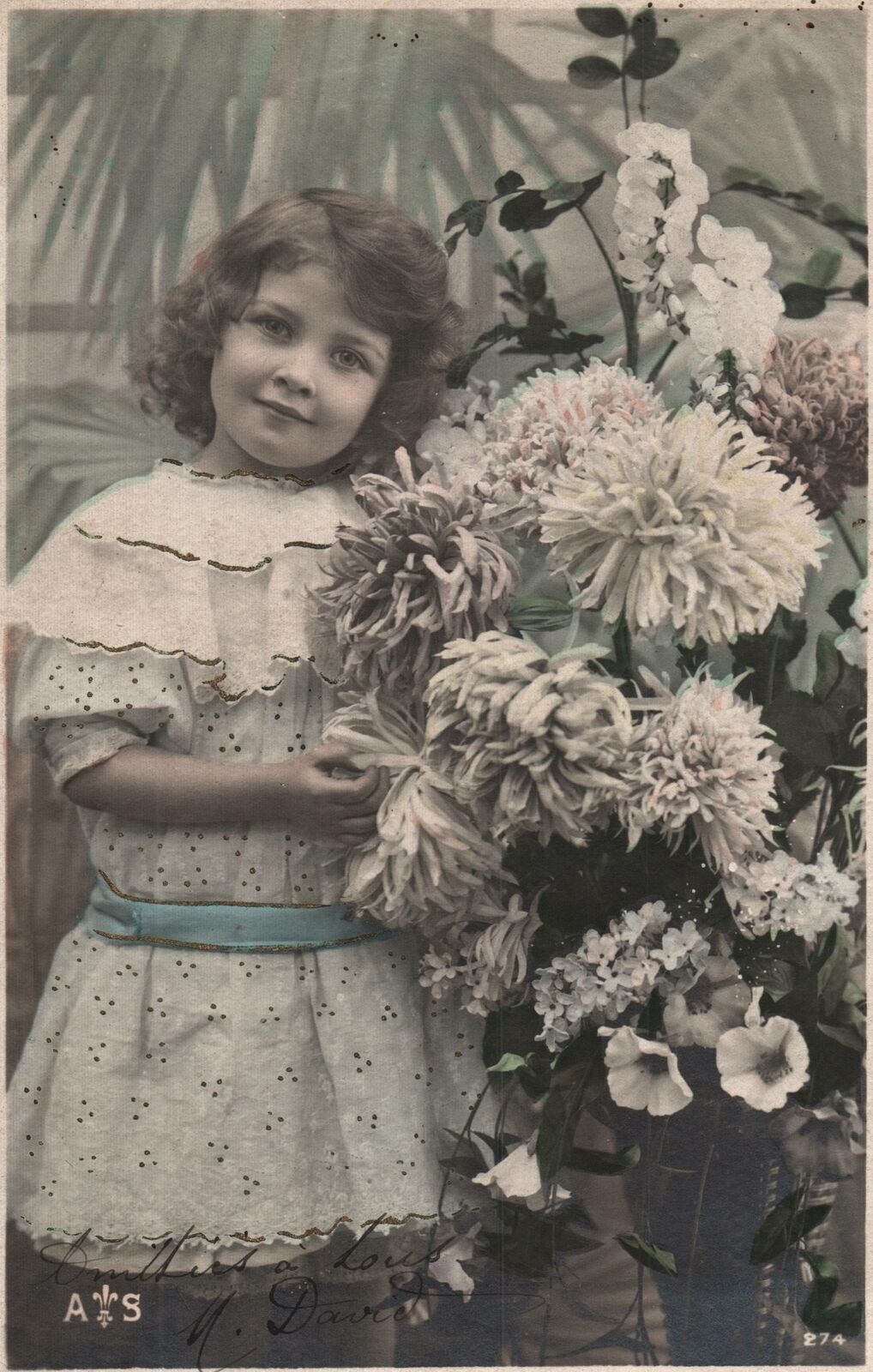 VINTAGE POSTCARD BEAUTIFUL GIRL WITH CHRYSANTHENUMS MAILED 1905 SUPERB CONDITION