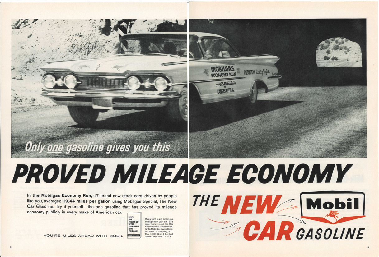 1959 MOBIL Gasoline Oldsmobile Ninety Eight LA - KC Auto 2 Page Vintage Print Ad