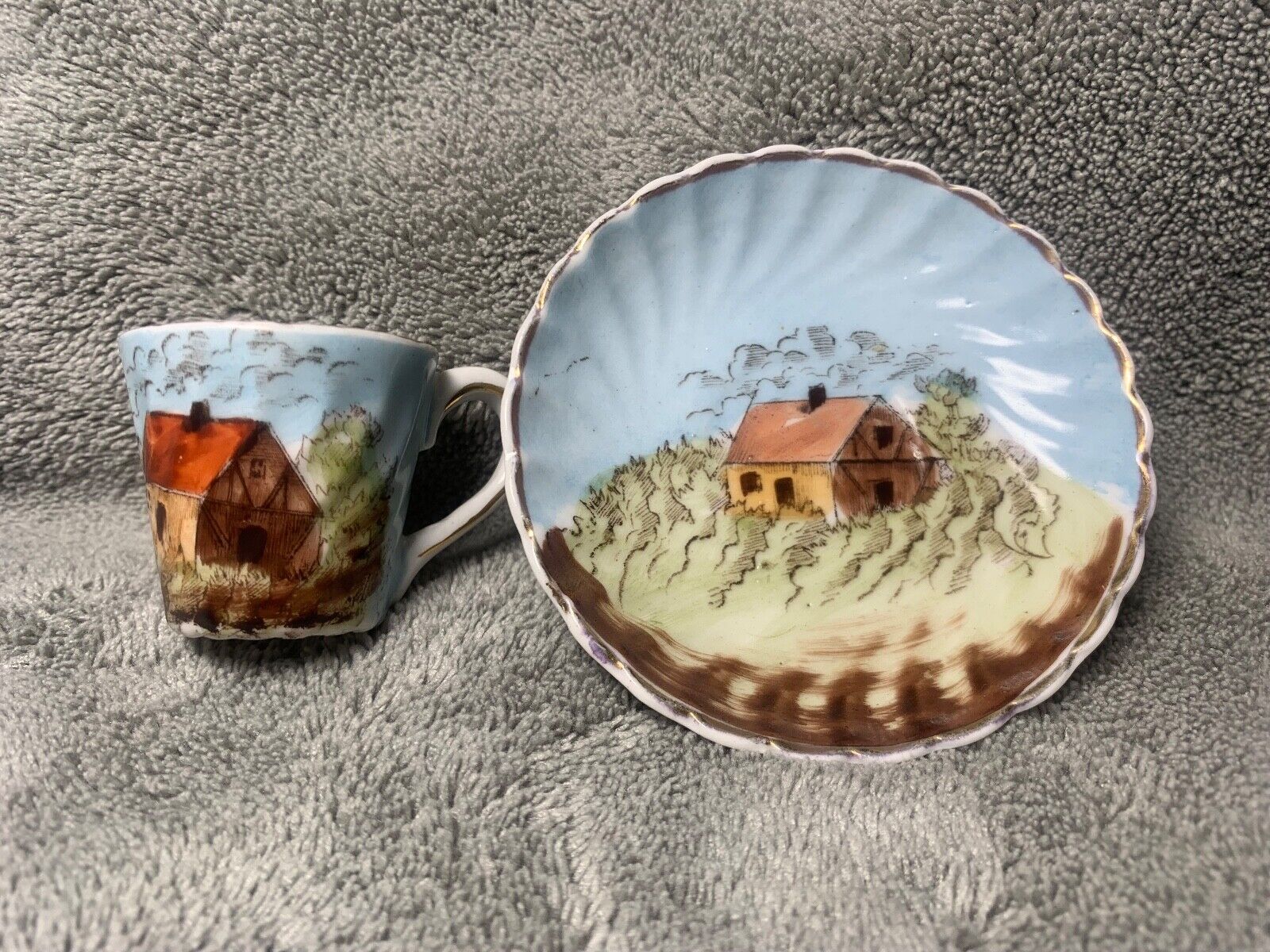 Hand Painted Antique England Rare Miniature Cup and Saucer