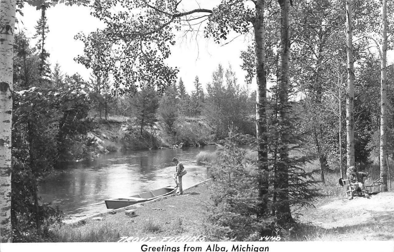 RPPC, Alba MI Michigan  TROUT FISHING Man & Boat  ANTRIM CO   c1940\'s Postcard