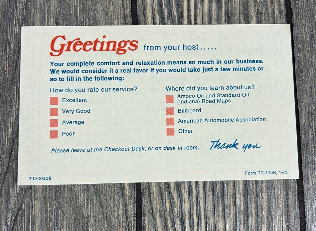 Vintage Greetings From Your Host Hotel Comment Sheet TD-2008