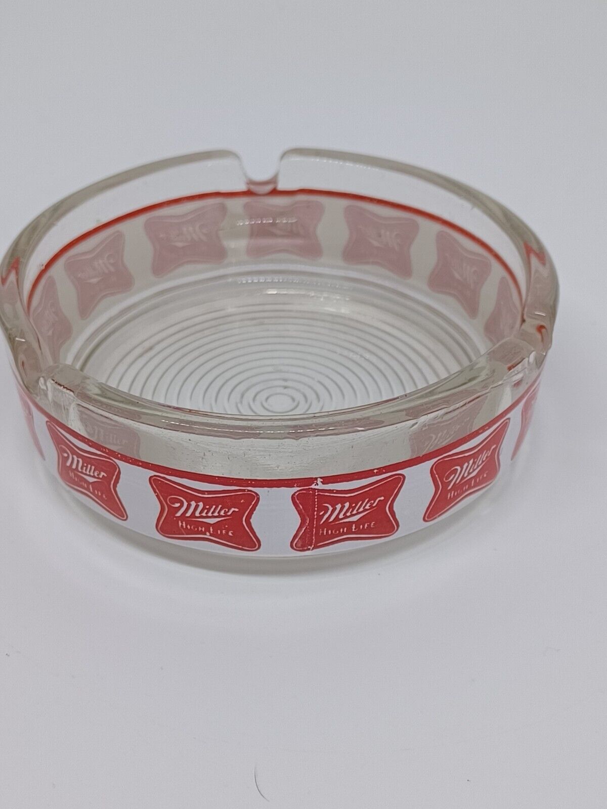 Vintage VTG Miller High Life Glass Ashtray Man Cave Red White 4 inch Classic