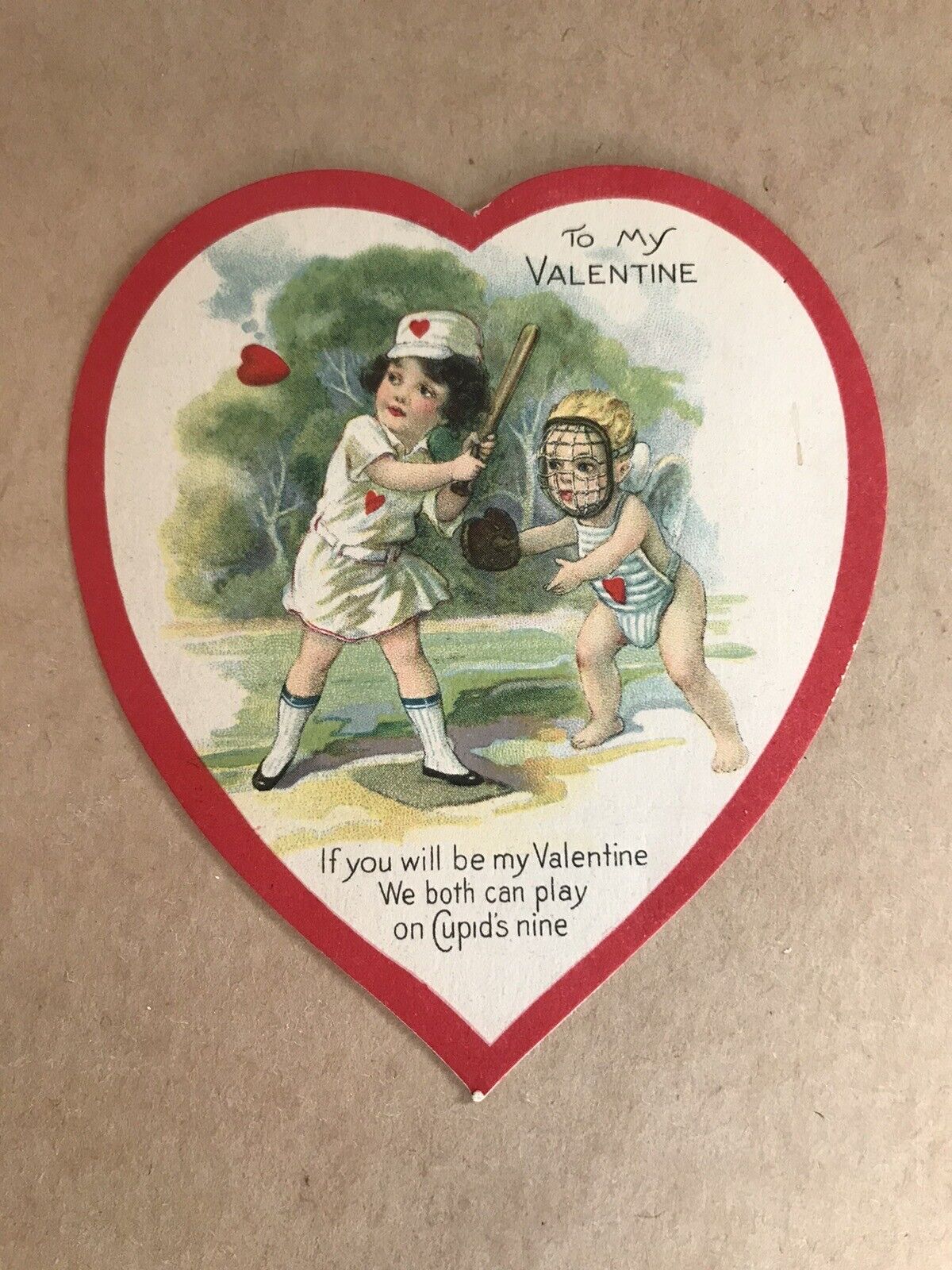 To My Valentine Card Cute Girl Up At Bat Cupid Is Catcher Antique Card