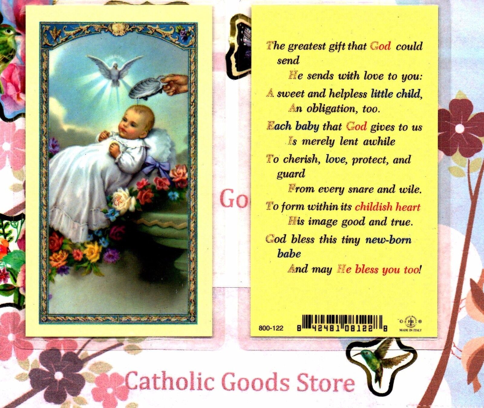 Baptism of a Baby, with The Greatest Gift - Laminated Holy Card