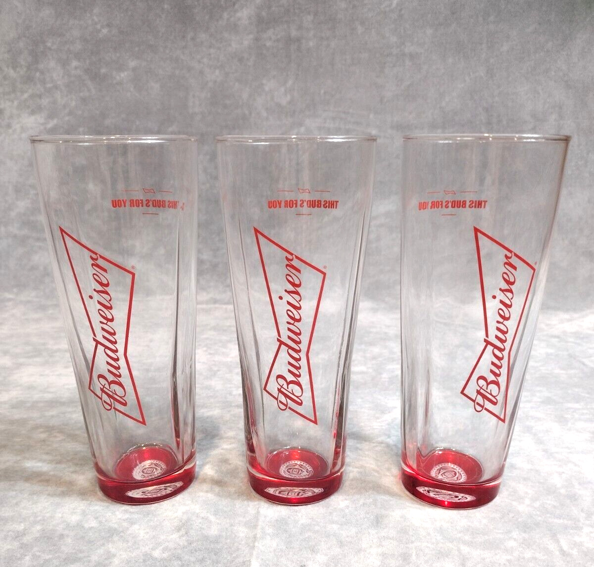 Budweiser, Signature, Pint Glass, 16 oz, Red Glow Bottom, Collectors, Set Of 3
