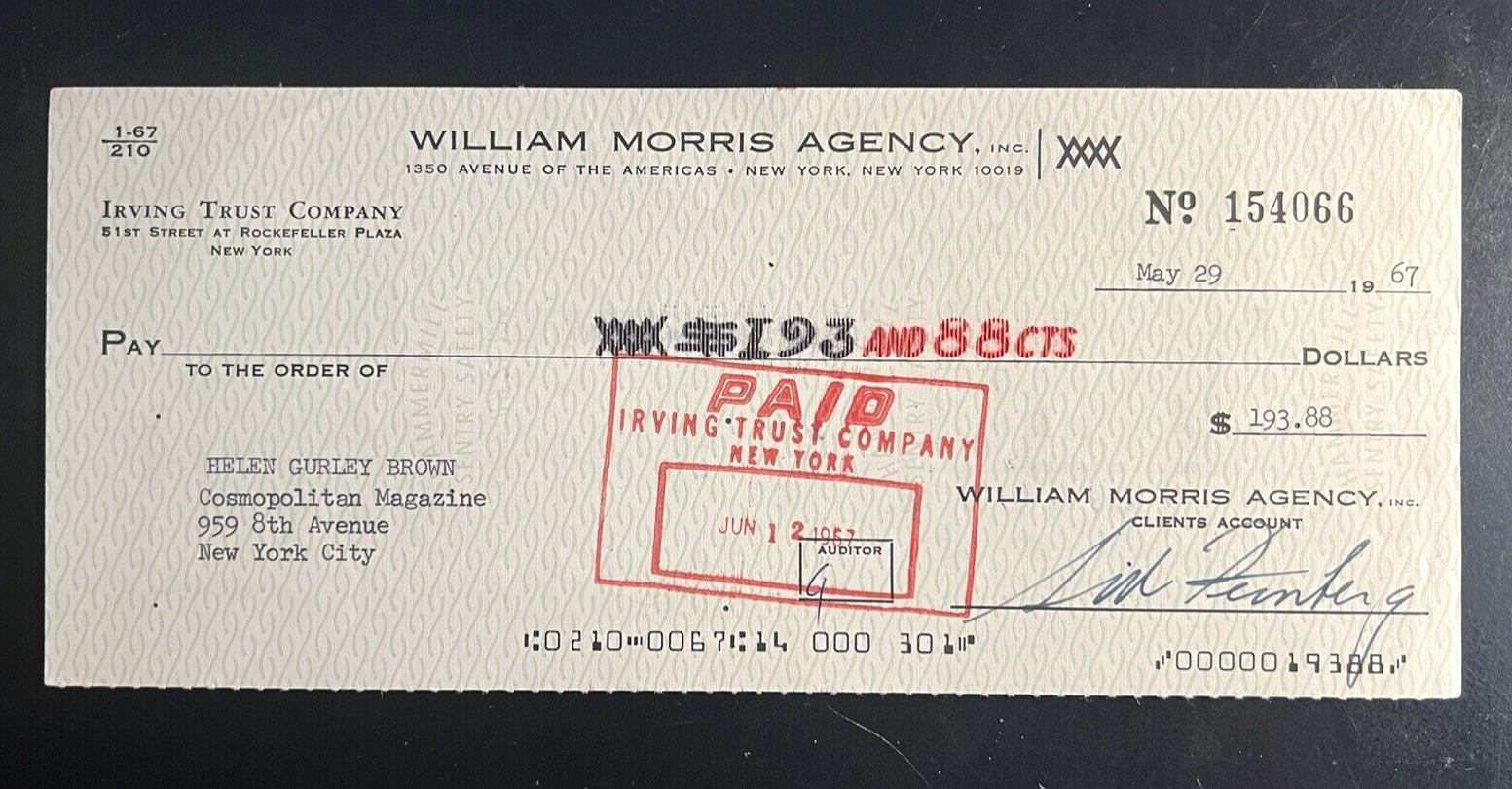 HELEN GURLEY BROWN SIGNED RARE ORIG. 1967 CHECK FROM WILLIAM MORRIS AGENCY