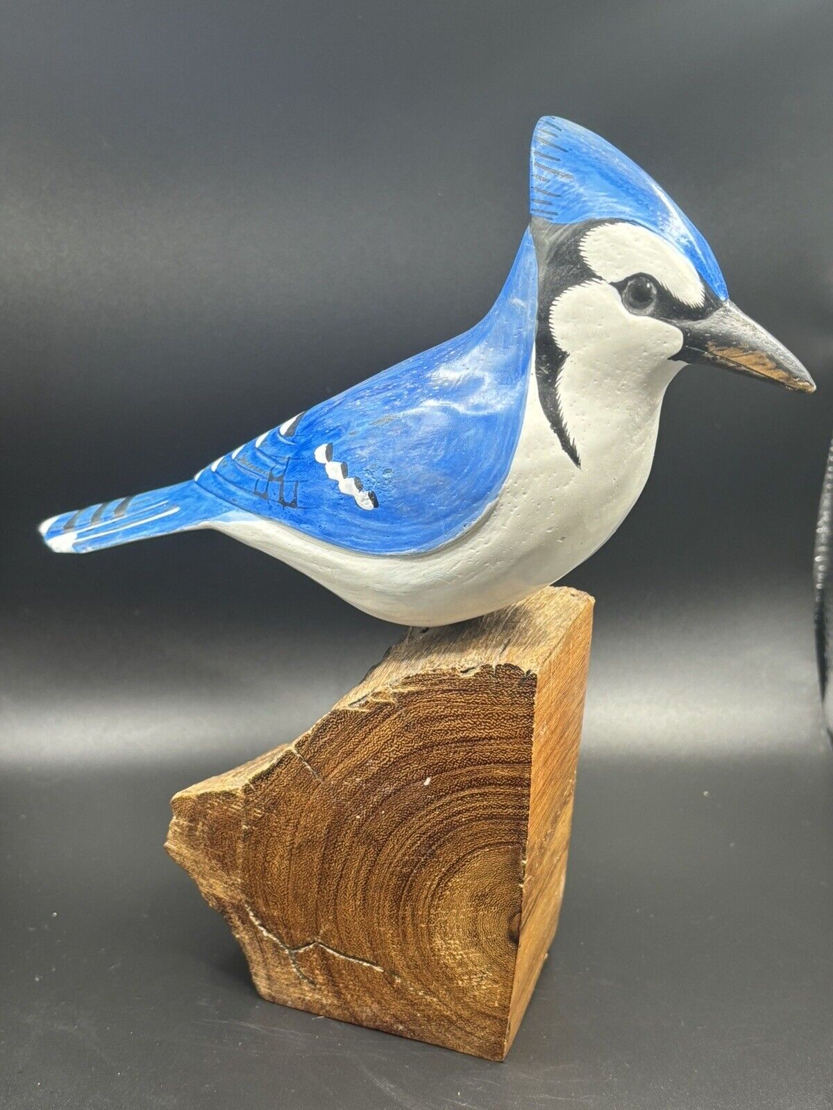 Vintage Hand Carved And Painted Blue Jay On Natural Wood Perch