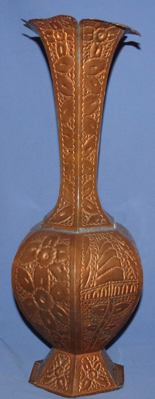 Vintage hand made ornate floral copper vase