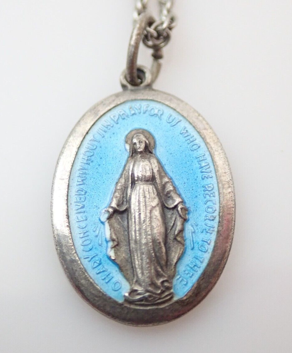 Vintage Blue Enamel Religious Miraculous Mary Medal Pendant Sterling Necklace