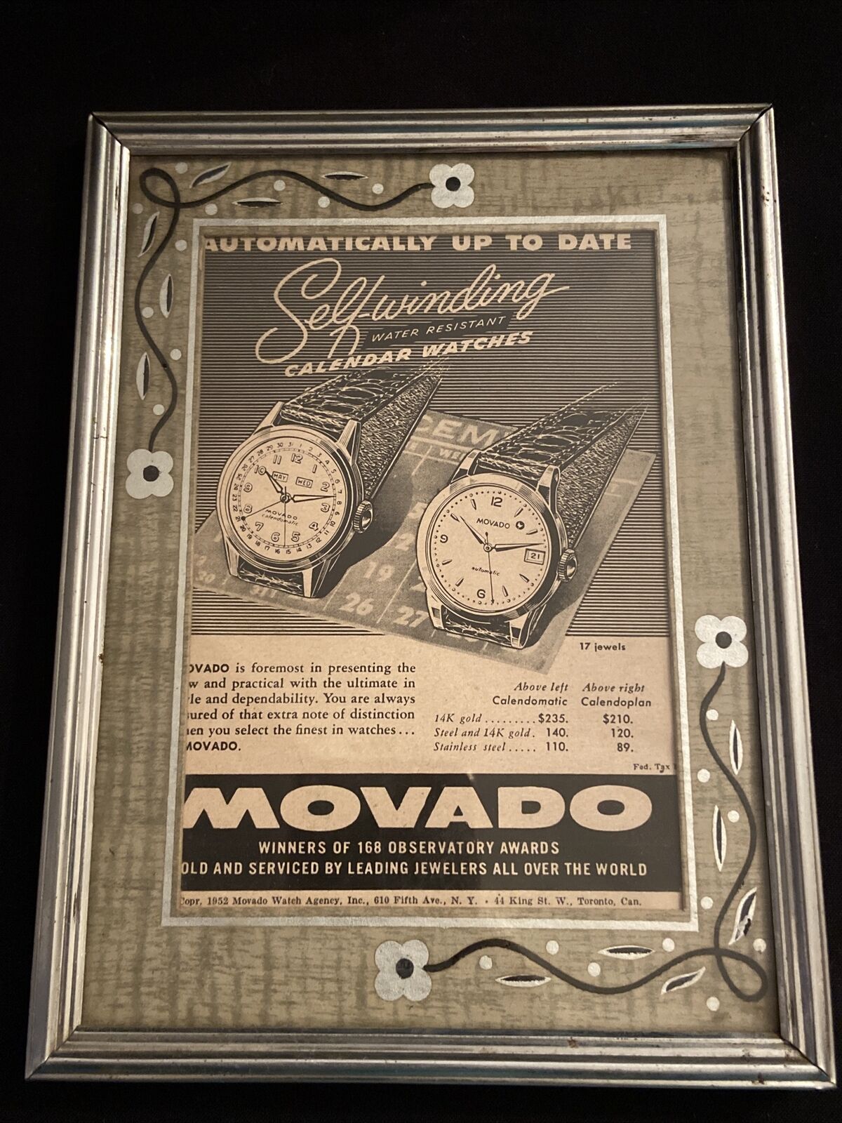 Vintage Movado Advertising 1952 Calendomatic Calendoplan Watches Ad Framed