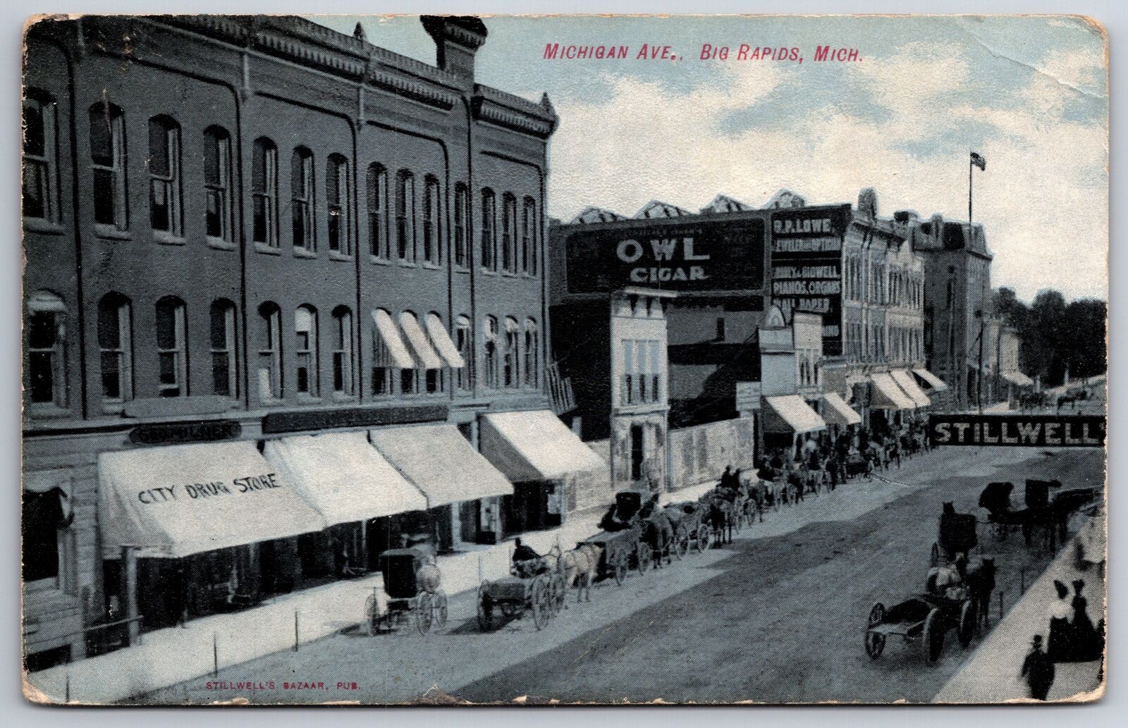 Big Rapids Michigan~Michigan Avenue~City Drug Store~OWL Cigar~c1910 Postcard