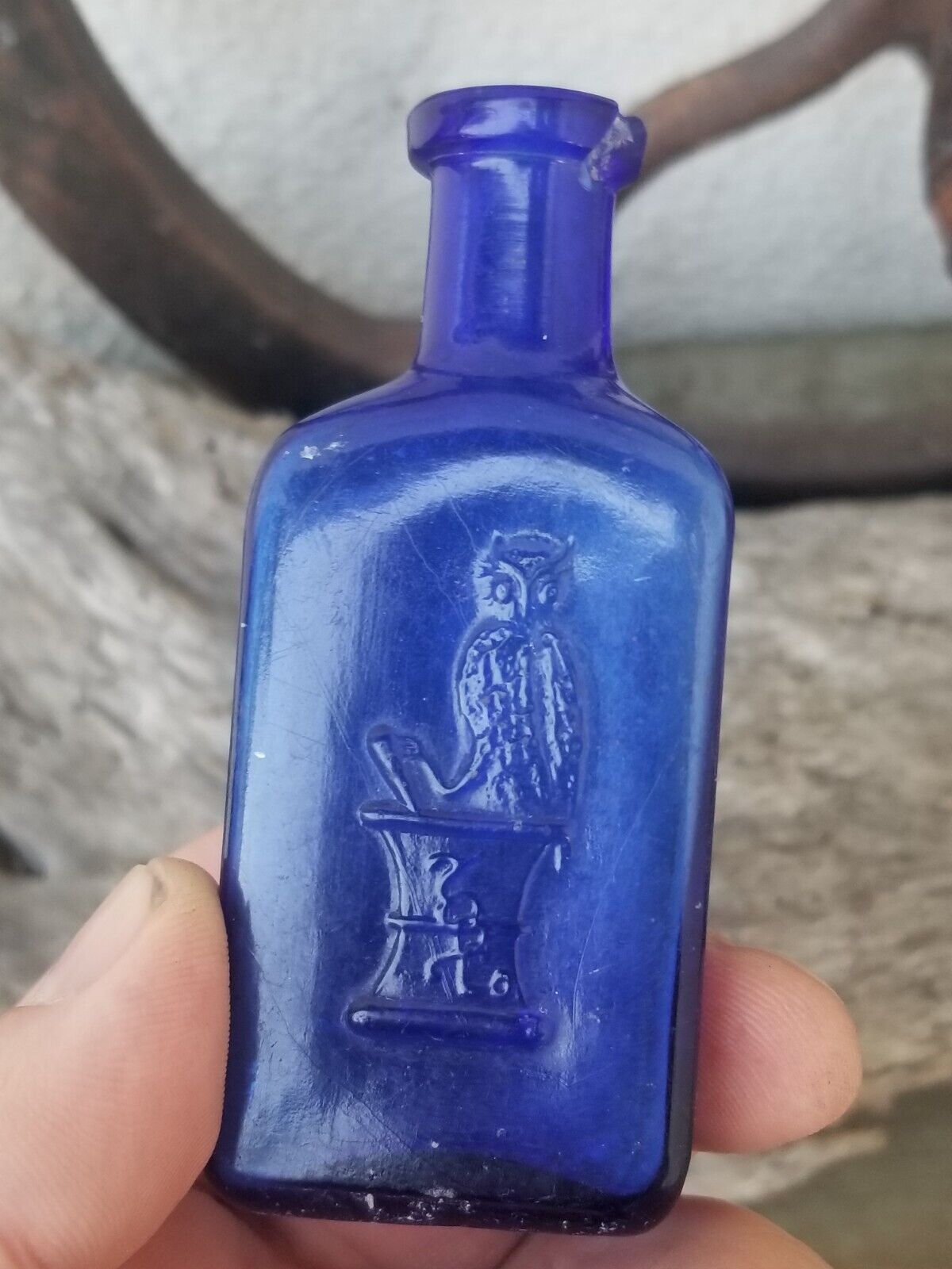 Scarce OWL DRUG cobalt blue POISON bottle 3 3/8\