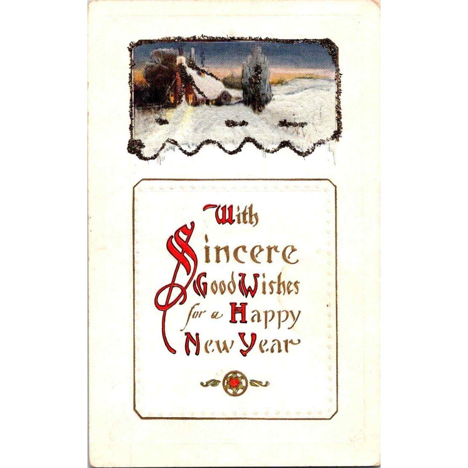 Vintage Postcard New Year With Sincere Good Wishes House, Glitter 1900\'s