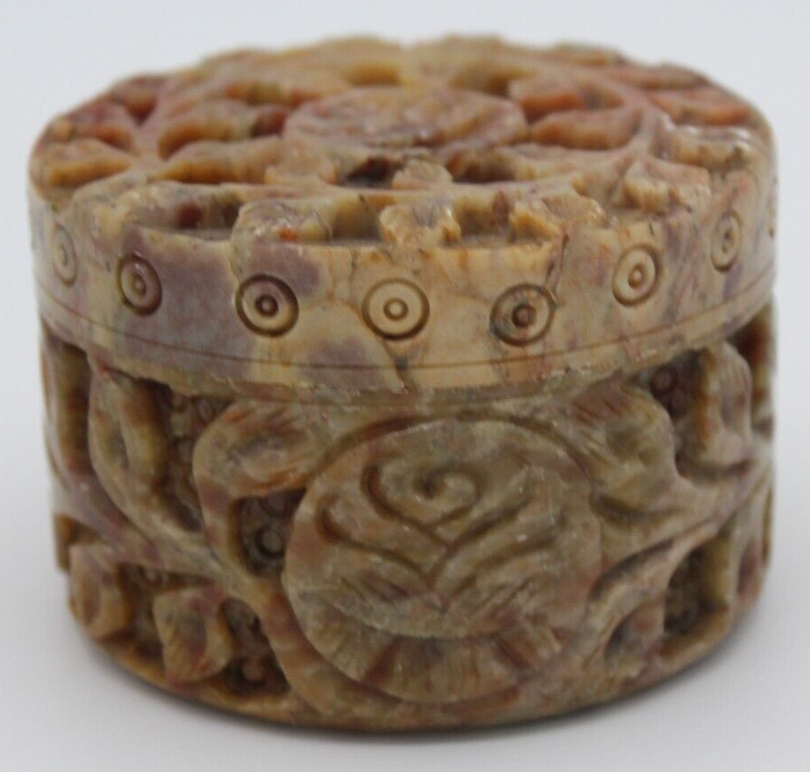 Vintage Hand Carved Soapstone Round Small Trinket Box Unique Boho