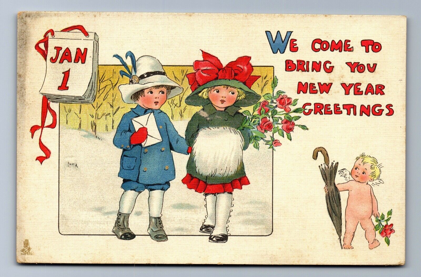 1913 CHERUB UMBRELLA ENVELOPE BOY GIRL HAND MUFFS NEW YEAR\'S Postcard P13